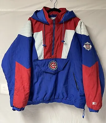 Vintage Chicago Cubs Pull Over Jacket By Starter Vintage Sports 90s Blue Size XL • $139.99