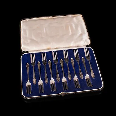 £595 • Buy Vintage Set Of 12 Cake Forks, English, Silver, Afternoon Tea, Cutlery, Art Deco