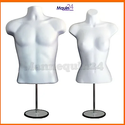 WHITE MANNEQUIN MALE & FEMALE DRESS FORMS With 2 METAL STANDS + 2 HANGERS • $69.95