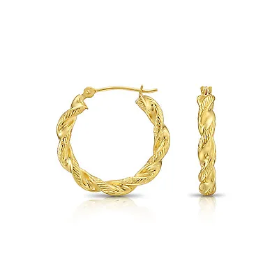 14K Real Solid Yellow Gold Twisted Rope Diamond-Cut Round Chunky Hoop Earrings • $109.99