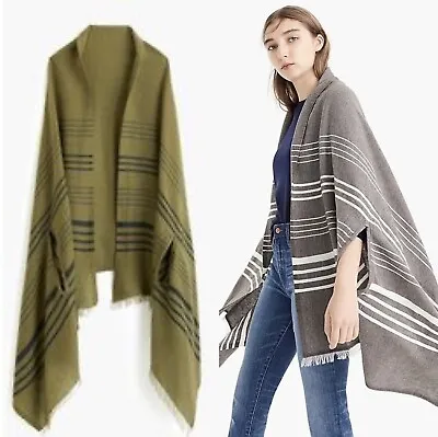 J. Crew Women's Summerweight Cape Scarf Wrap Green Black Stripe Fringe Trim • $19.92