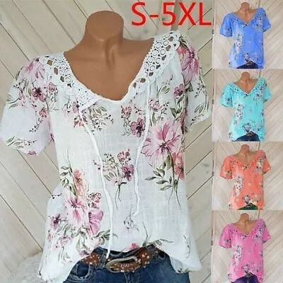 Womens Cotton Linen Floral Tops Ladies Summer Loose Blouse T Shirt Tunic Plus UK • £9.34
