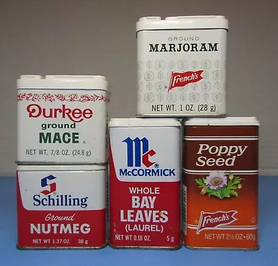 ~Vintage~ Lot Of 5 Spice Tins Mace - Nutmeg - Bay Leaves - Poppy Seed - Marjoram • $7.95