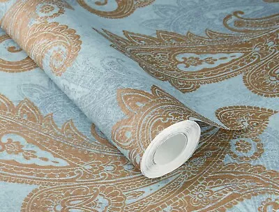 £22.79 • Buy Rasch Non-woven Wallpaper 746440 Blue Bronze Metallic Indian Paisley (4,24£/1qm)