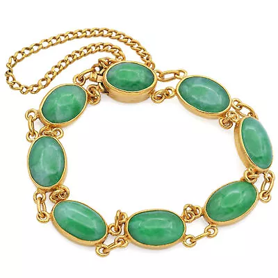 Vintage 足金 24K Yellow Gold Green Jade Oval Cabochon Link Bracelet • $3995