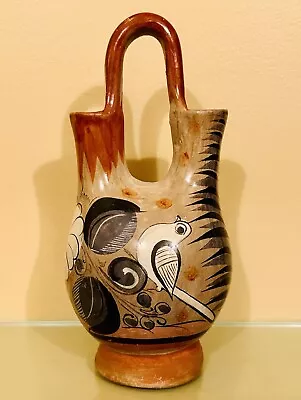 Vintage Tonala Mexican Pottery Handpainted Wedding Vase Rare Item. Birds/leaves • $25