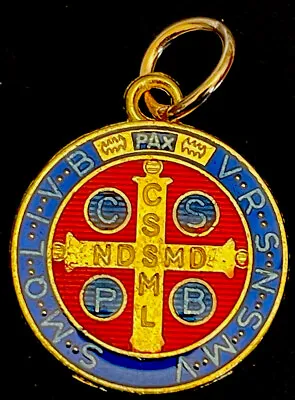 Catholic Saint St Benedict 3/4 Inch Red Blue Enamel Gold Tone Religious Medal • $8.99