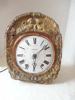 $49.99 • Buy Antique French Morbier Enamel Clock Face ~ Brass Repoussé Frame 
