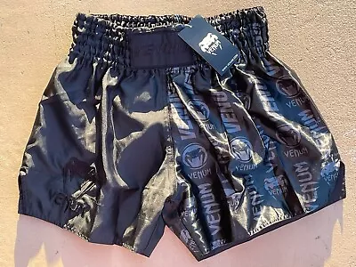 🔥 Venum Black Logo MMA Muay Thai Shorts SZ XXL Silky Satin Vintage NEW NWT • $69.99