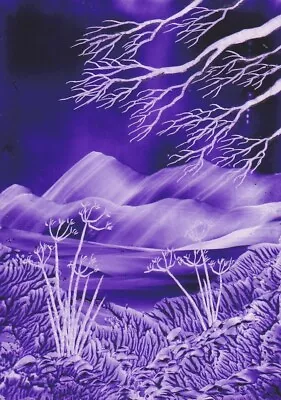 ORIGINAL ACEO Encaustic Art FANTASY Landscape BEESWAX Painting PURPLE Hills TREE • £2.50