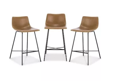 Light Brown Leatherette Low Back 24 In Counter Bar Stool Dining Chairs Set Of 3 • $280.40