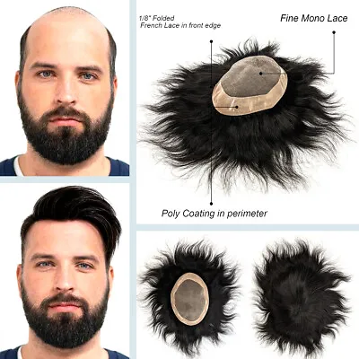 Toupee Men Human Hair Fine Mono Lace PolySkin Real Hair Replacement  Wig For Men • $69.99