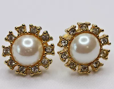 Marvella Gold Tone Faux Pearl Cabochon & Rhinestone Halo Pierced Post Earrings • $10.49