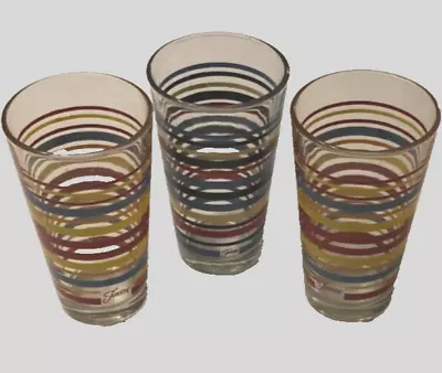 $15 Fiesta Stripes Rings Clear Drinking Red Blue Yellow Glasses Lot 3 Vintage • $17.78