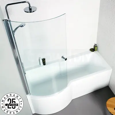 P Shape Acrylic Shower Bath 1700mm Screen Panels White Clear Glass Shower Screen • £276.49