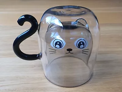 Glass Mug. Double Walled Cup. Upside Down Novelty Cat Design. Cat Tail Handle. • £6.50