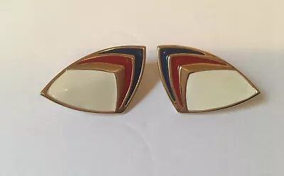 Vtg 1980’s Monet Red Blue White  Enamel Chevon Design Earrings Clip On • $11.67