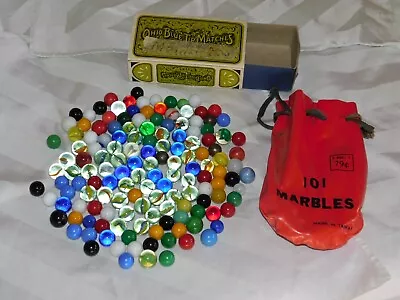Vintage Red Vinyl Marble Bag & Ohio Blue Tip Match Box Full Of Marbles • $19.99