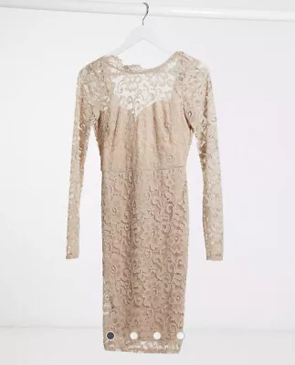 Flounce London Lace MIDI Dress Scallop Back  UK 10 RRP £42 Mink Nude Long Sleeve • $19.72