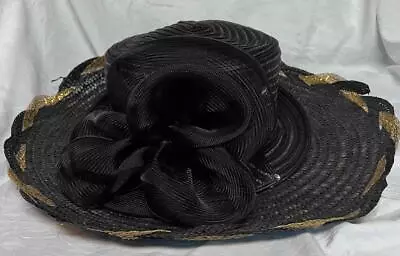 Vintage Betmar Italy Black & Gold Woven Derby Style Hat Frilly Accents • $19.95