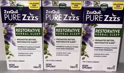 3 Pack Vicks Zzz’s Pure Zzzs Restorative Herbal Sleep 20 Tablets Ea. Exp 4/2024 • $11.99