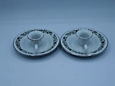 Pair Of Mikasa Montclair Fingertip Candlestick Holders White W/Green Floral • $24