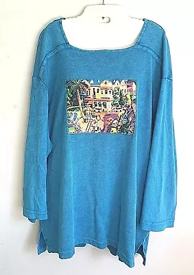 Michael Leu Collection Women 2X Shirt Blouse 3/4 Sleeve Blue Cotton Wearable Art • $24.99