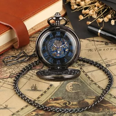 Retro Hand Wind Mechanical Pocket Watch Skeleton Dial Roman Number Dial Black • $14.87