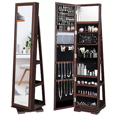 Walnut 360° Rotating Jewelry Cabinet Armoire With Mirror Storage Shelf Lockable • $122.99