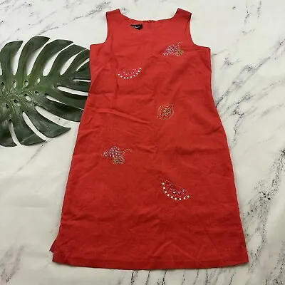 AGB Womens Vintage Linen Blend Shift Dress Size 6 Red Fruit Sequin Embroidered • $23.99