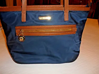 Michael Kors Navy Blue Nylon Brown Leather Kempton Tote Shoulder Bag Purse • $19
