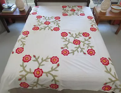 OUTSTANDING Vintage Antique Cotton Hand Sewn DEMOCRATIC ROSE Applique Quilt TOP • $150