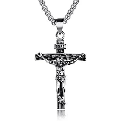 $7.99 • Buy Men's Stainless Steel Jesus Christ Crucifix Cross Pendant Chain Necklace