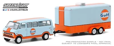 Greenlight Hitch & Tow S20 Gulf Oil 1972 Ford Club Wagon & Enclosed Car Trailer! • $15.99