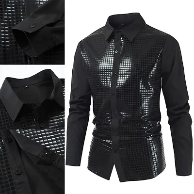 Black Sequin Shirt For Men Shiny Glitter Long Sleeve Button Down T Shirt • £18.85