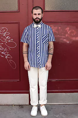 Men's Shirt White Blue Stripes Shirt 70er True Vintage 70´S Nylon • £38.59