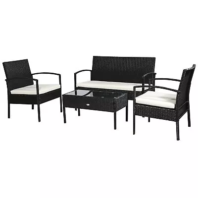 4-Seater Rattan Garden Furniture Set Black Cream Outdoor Patio Bistro • £258.98