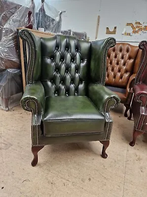 Chesterfield Queen Anne High Back Chair Real Leather Antique Green + Footstool • £614.50