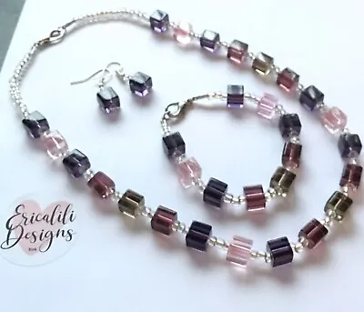 Cube Square Glass Bead Set Necklace Bracelet Earrings Purple Mulberry Pink Mix • £19.95