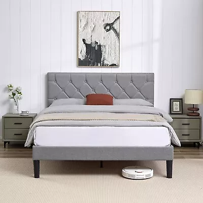 Twin Full Queen Bed Frame W/ Tufted Headboard Platform Bed Wooden Slat Support • $119.96