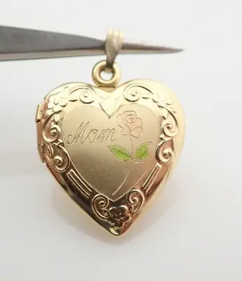 14k Gold Filled Etched  MOM  Heart Rose Necklace Pendant Photo Locket Necklace • $22.99