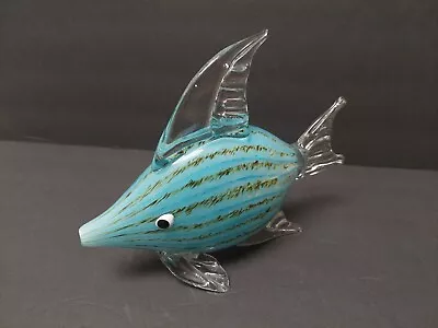 Large Blown Glass Murano Style Tropical Striped Fish Turquoise 9.5 X 8 Inches • $29.95