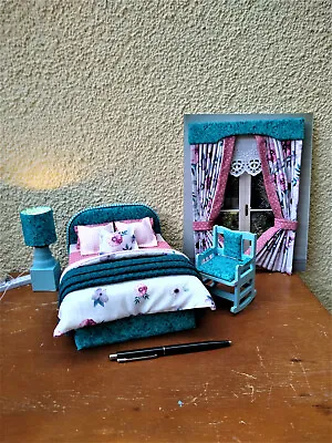 £140.61 • Buy Miniature 1/12 Bed Bedroom Set Pink Turquoise Furniture Dollhouse Unique OOAK