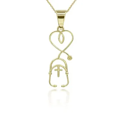 14K Solid Gold Stethoscope Cross Pendant Necklace  - Yellow Rose White • $255.35