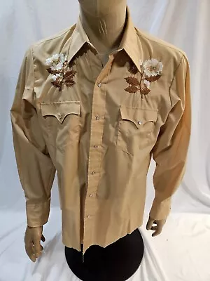 1980's Karman Mens Embroidered Western Shirt Pearl Snap Closure Tan Flowers Med • $39