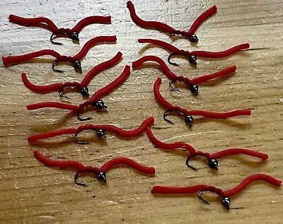 One Doz. Squirmy Worm Red Hand Tied Fly Tungsten Bead Head Size 10 Hook • $13.95