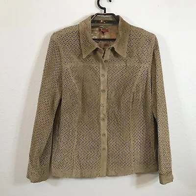 $38 • Buy V By Eva Suede Leather Jacket Size 1X Brown Geometric Cutouts Lined Long Sleeve