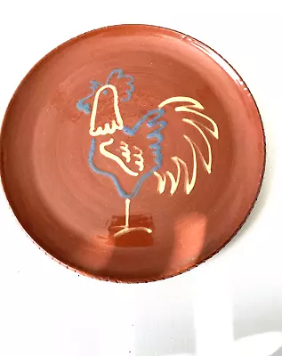 Signed Redware Plate Stylized Rooster / Chicken - 9  • $10