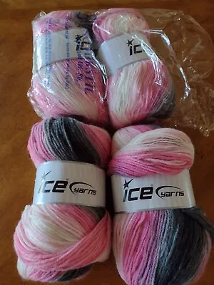 Lot Of 4 Full Skeins ICE YARNS MAGIC LIGHT DK WEIGHT Pink Gray Combo Acrylic • $11