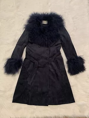 Charlotte Simone Mongolian Fur Penny Coat Jacket Suede Leather Navy Blue Large • $422.94